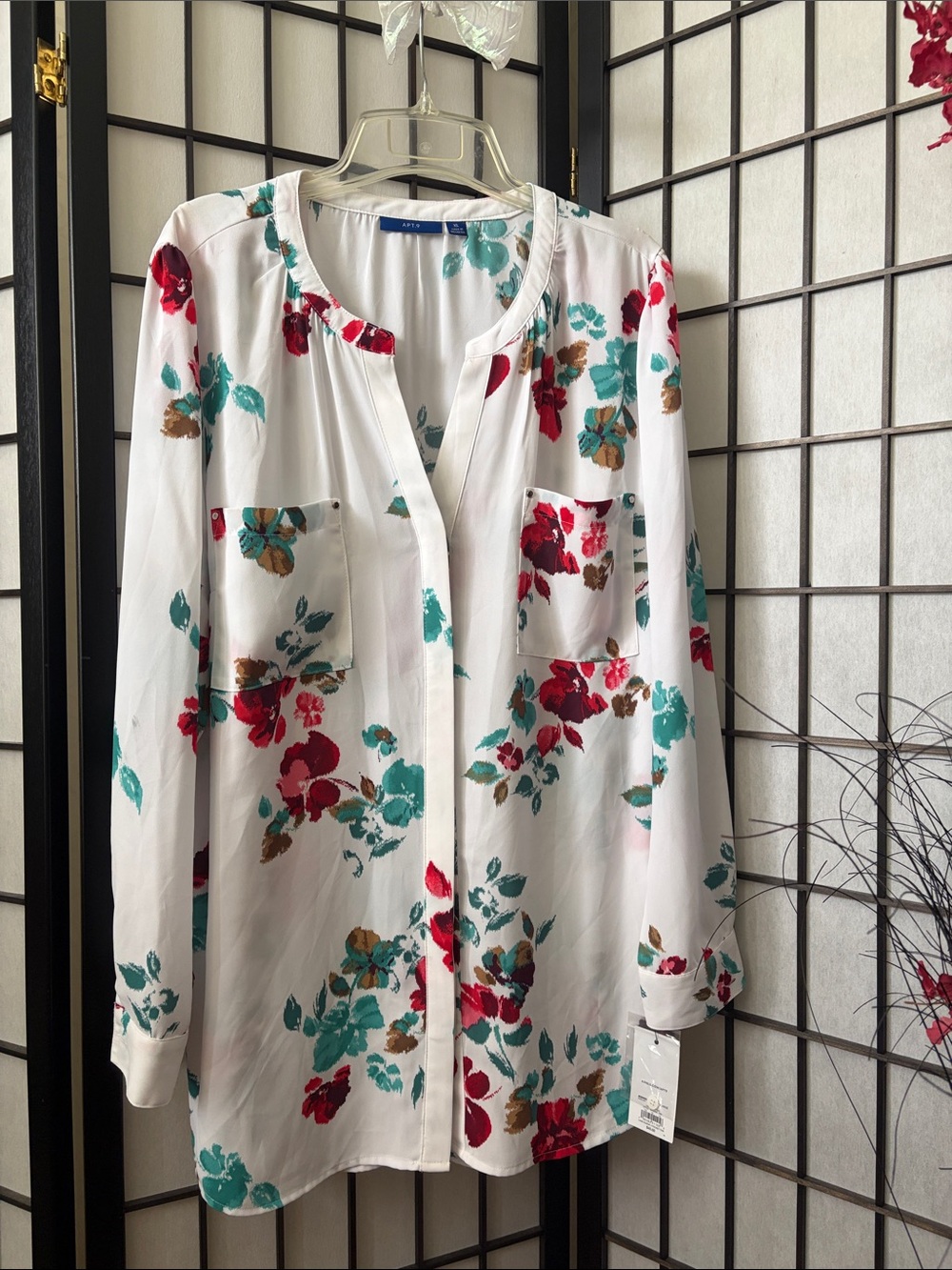 Apt. 9 White Floral Henley Blouse with Red, Teal and Brown Blooms